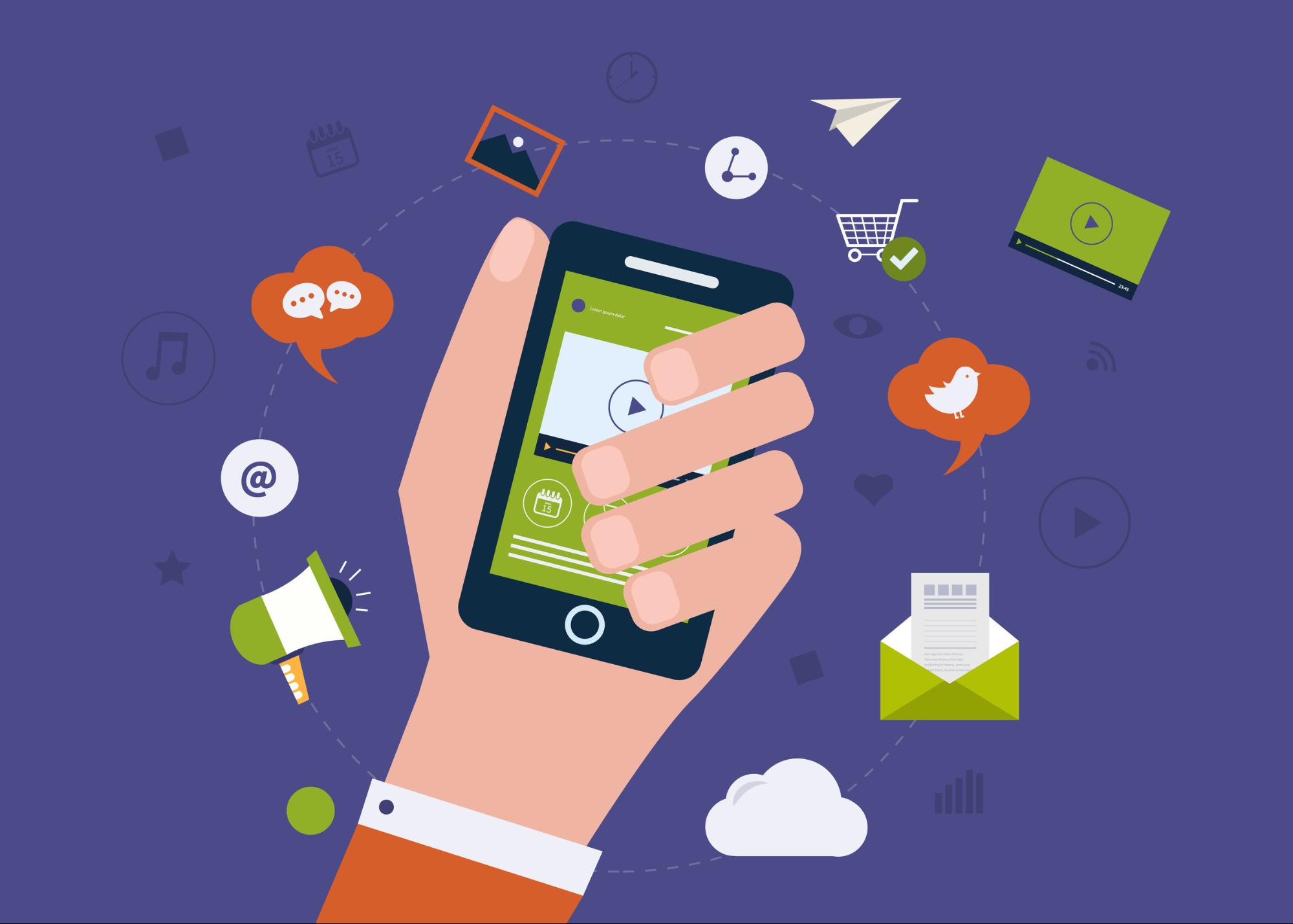 illustration of hand holding cellphone surrounded by mobile marketing icons
