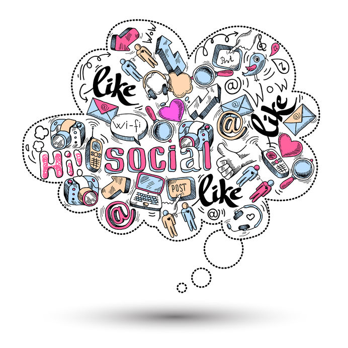 doodle speech bubble icon with social media infographics isolated vector illustration