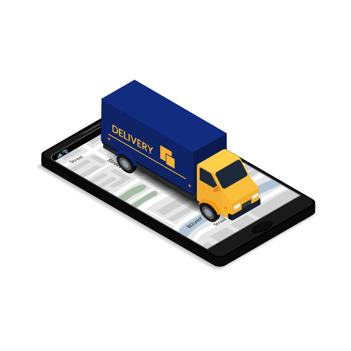 vector illustration. truck on the mobile phone screen with map. icon order delivery. isometric, 3d. design for commercial free fast shipping, web banner, brochure, business card. online tracking.