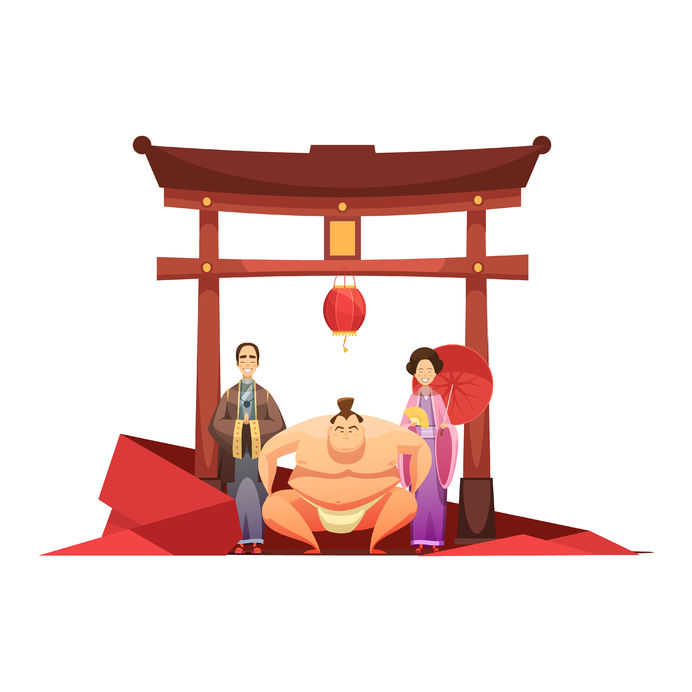 japanese culture retro composition with pagoda sumo wrestler and in kimono dressed couple cartoon poster vector illustration